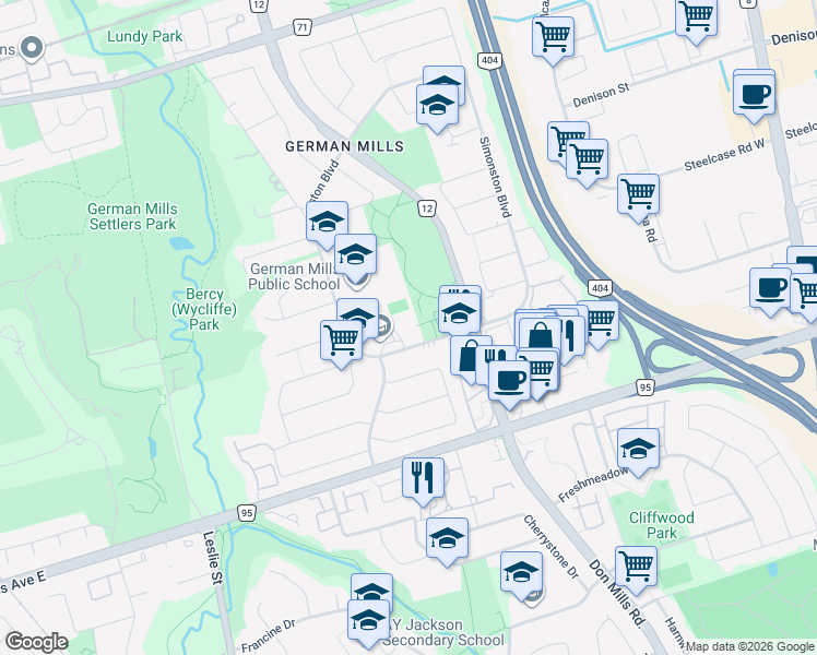 map of restaurants, bars, coffee shops, grocery stores, and more near 21 Simonston Boulevard in Markham