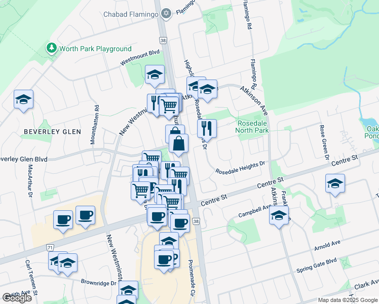 map of restaurants, bars, coffee shops, grocery stores, and more near 115 Glen Crescent in Vaughan