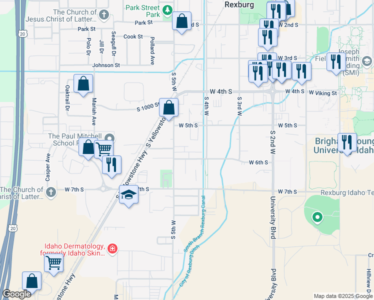 map of restaurants, bars, coffee shops, grocery stores, and more near 421 West 6th South in Rexburg