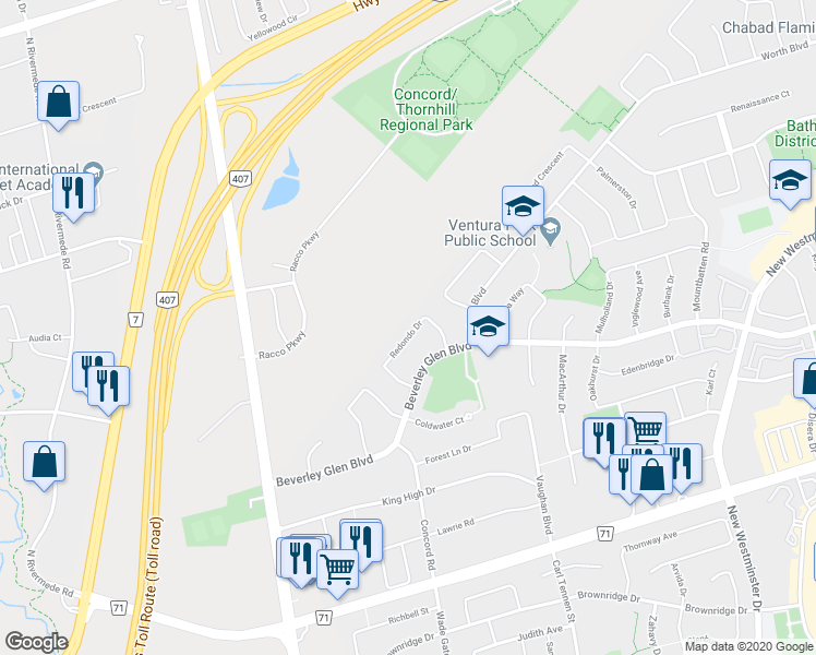 map of restaurants, bars, coffee shops, grocery stores, and more near 61 Redondo Drive in Vaughan