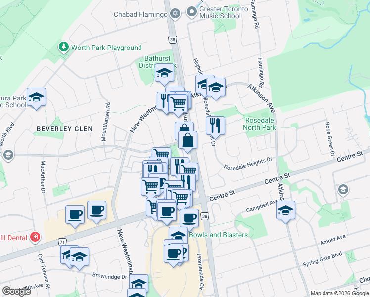 map of restaurants, bars, coffee shops, grocery stores, and more near 7900 Bathurst Street in Vaughan