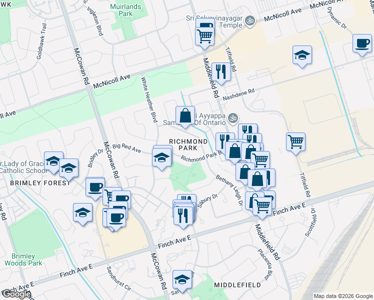 map of restaurants, bars, coffee shops, grocery stores, and more near 53 Redhead Crescent in Toronto