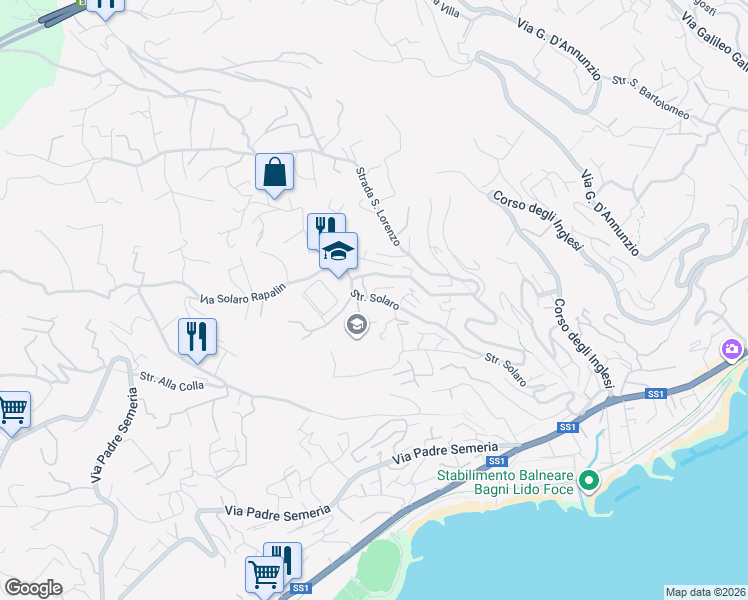 map of restaurants, bars, coffee shops, grocery stores, and more near 109A Strada Solaro in Sanremo