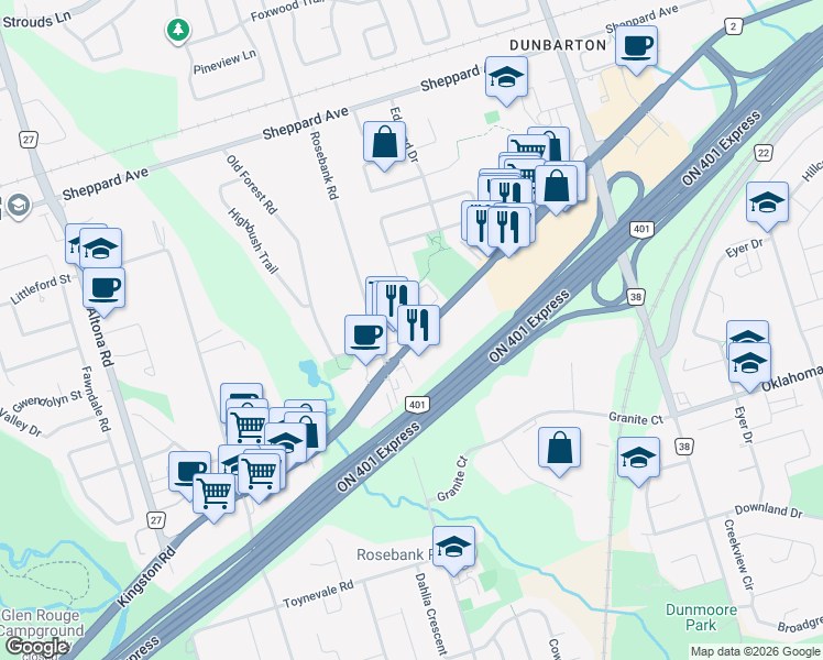 map of restaurants, bars, coffee shops, grocery stores, and more near 533 Kingston Road in Pickering