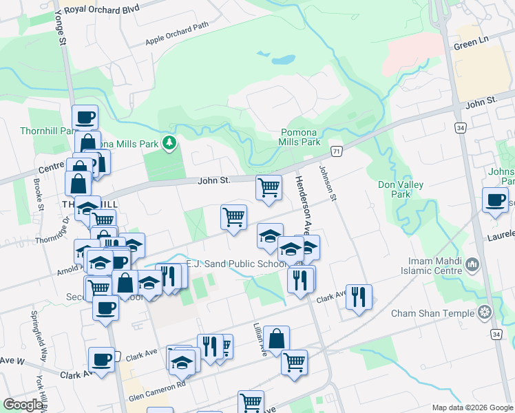 map of restaurants, bars, coffee shops, grocery stores, and more near 36 Vintage Lane in Markham