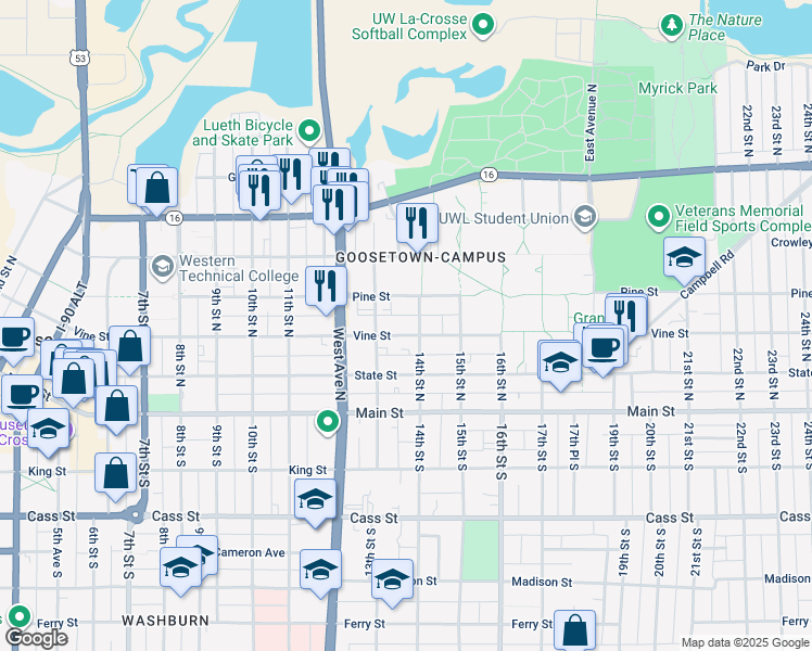 map of restaurants, bars, coffee shops, grocery stores, and more near 227 14th Street North in La Crosse