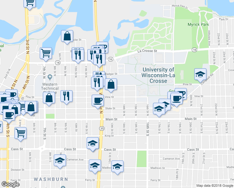 map of restaurants, bars, coffee shops, grocery stores, and more near 218 13th Street North in La Crosse