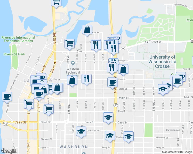 map of restaurants, bars, coffee shops, grocery stores, and more near 1006 Vine Street in La Crosse