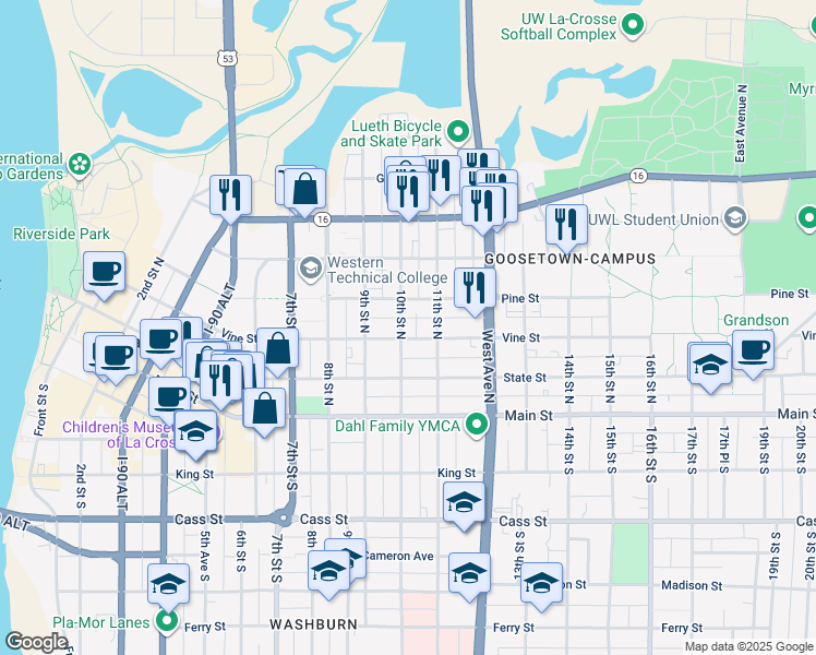map of restaurants, bars, coffee shops, grocery stores, and more near 1006 Vine Street in La Crosse