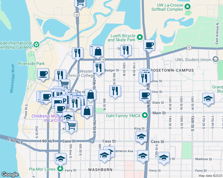 map of restaurants, bars, coffee shops, grocery stores, and more near 226 8th Street North in La Crosse