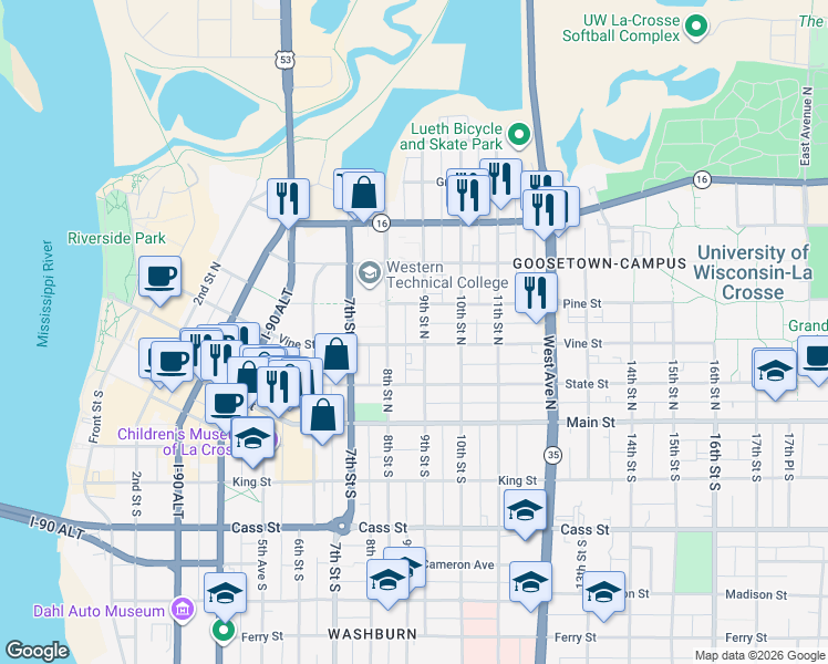 map of restaurants, bars, coffee shops, grocery stores, and more near 226 8th Street North in La Crosse