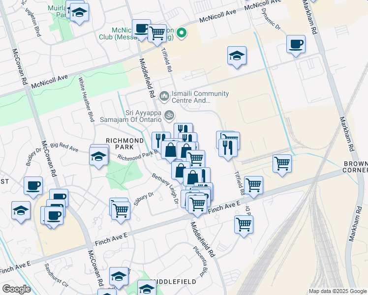 map of restaurants, bars, coffee shops, grocery stores, and more near in Toronto