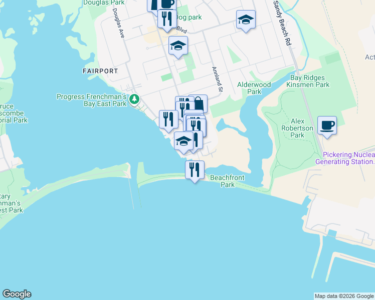 map of restaurants, bars, coffee shops, grocery stores, and more near 1295 Wharf Street in Pickering