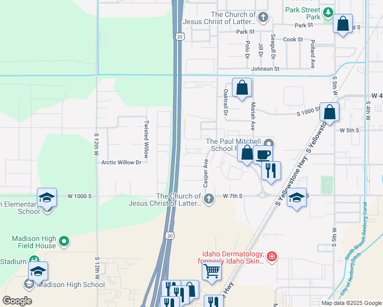 map of restaurants, bars, coffee shops, grocery stores, and more near 898 Everett Place in Rexburg