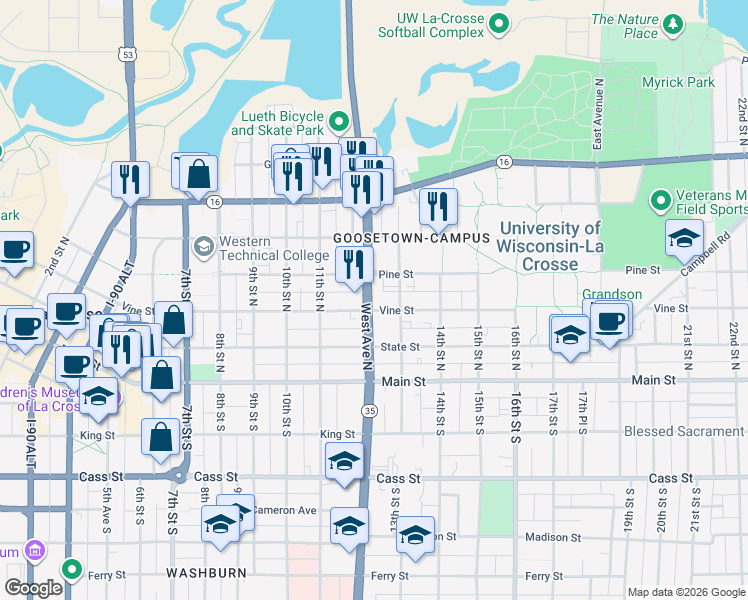 map of restaurants, bars, coffee shops, grocery stores, and more near 304 West Avenue North in La Crosse