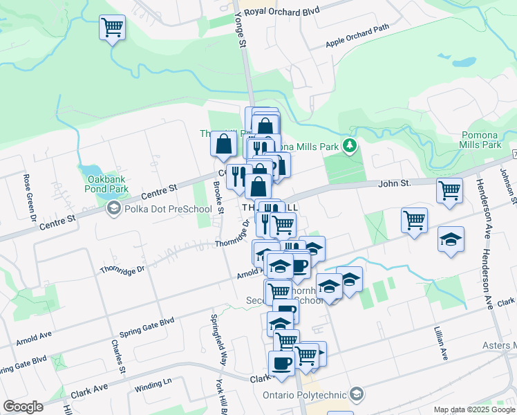 map of restaurants, bars, coffee shops, grocery stores, and more near 7670 Yonge Street in Vaughan