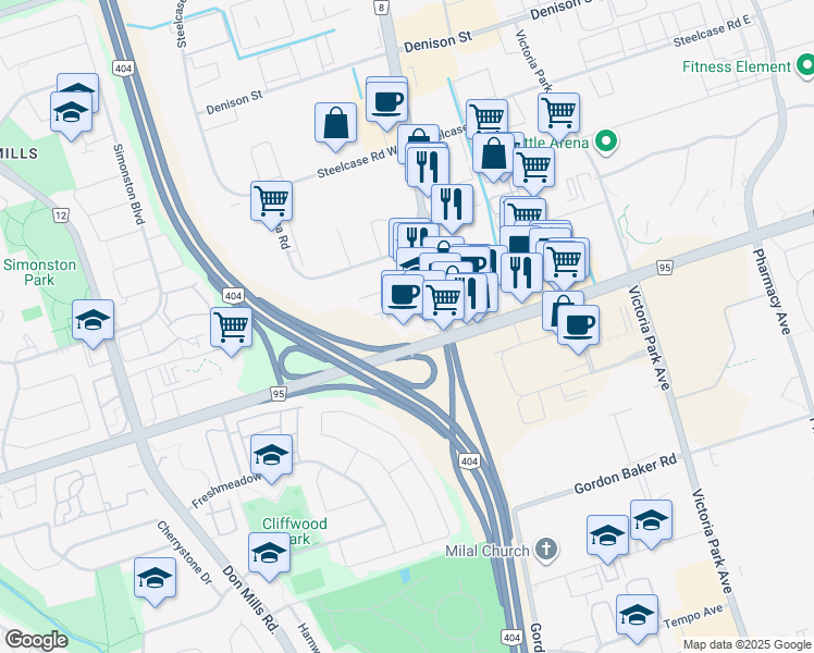 map of restaurants, bars, coffee shops, grocery stores, and more near 200-7030 Woodbine Avenue in Markham