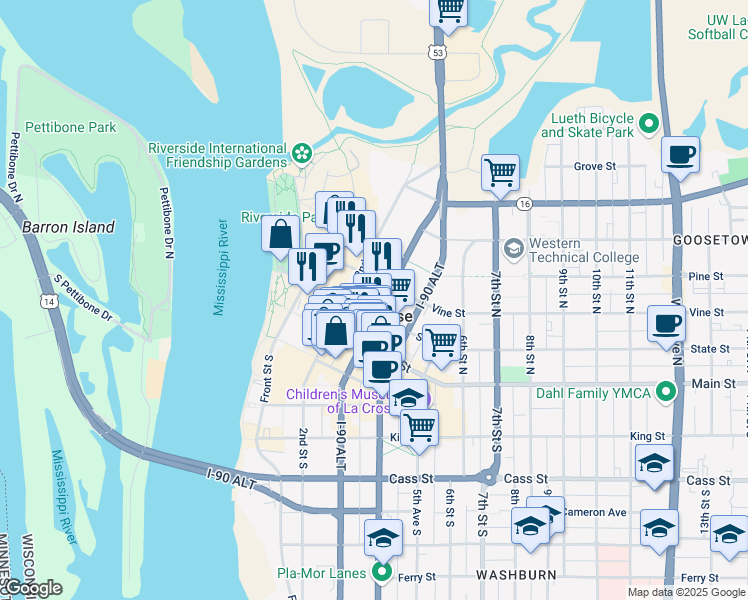 map of restaurants, bars, coffee shops, grocery stores, and more near 220 2nd Street North in La Crosse