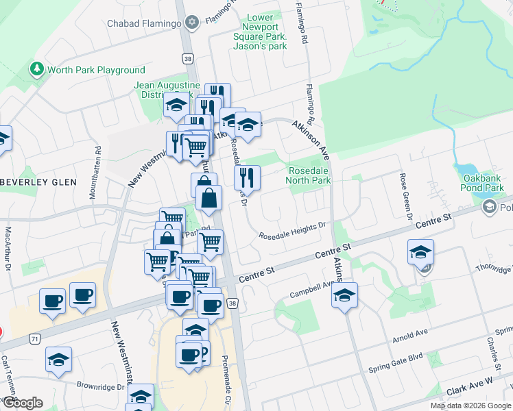 map of restaurants, bars, coffee shops, grocery stores, and more near 145 Roseborough Crescent in Vaughan