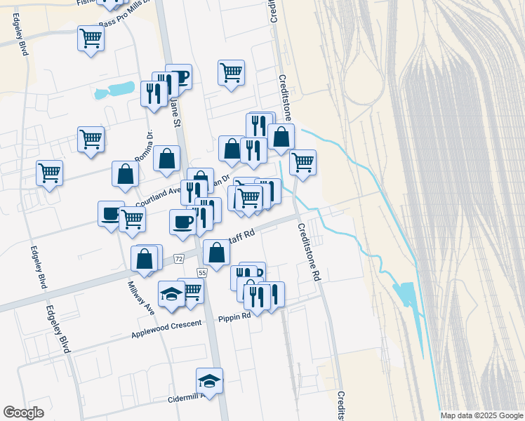 map of restaurants, bars, coffee shops, grocery stores, and more near 2900 Langstaff Road in Vaughan