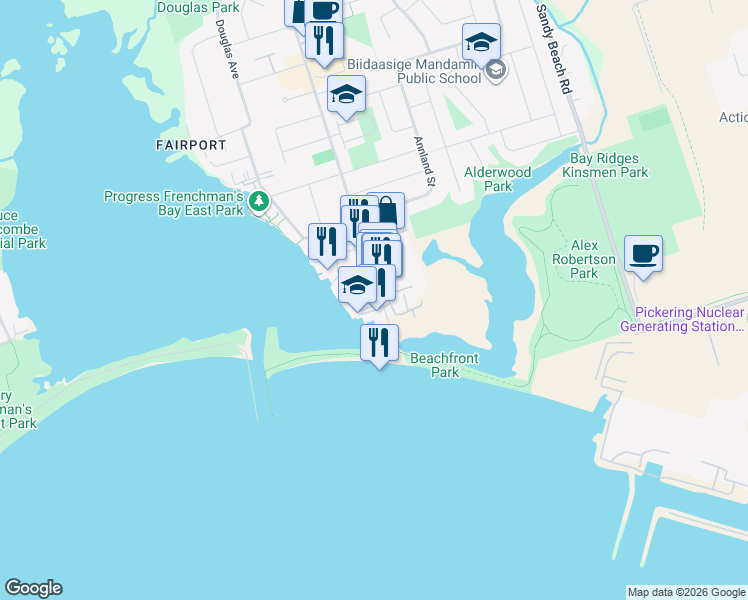 map of restaurants, bars, coffee shops, grocery stores, and more near 1295 Wharf Street in Pickering