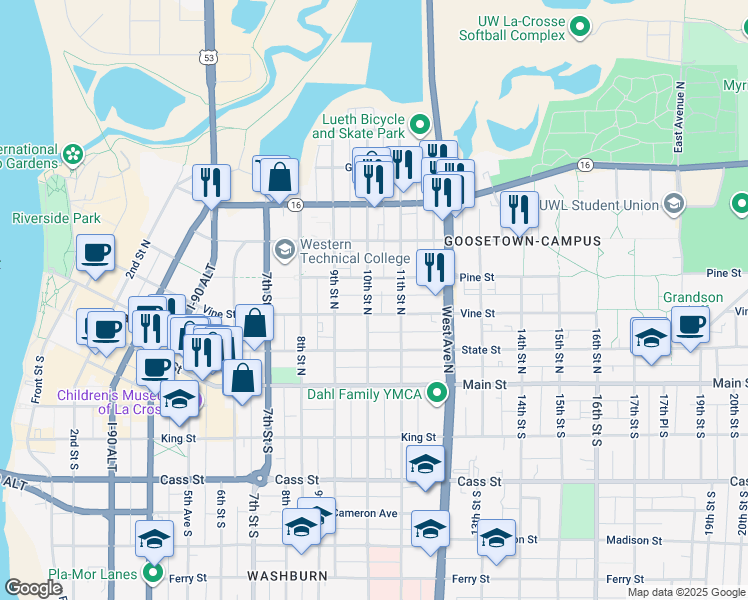 map of restaurants, bars, coffee shops, grocery stores, and more near 1011 Pine Street in La Crosse