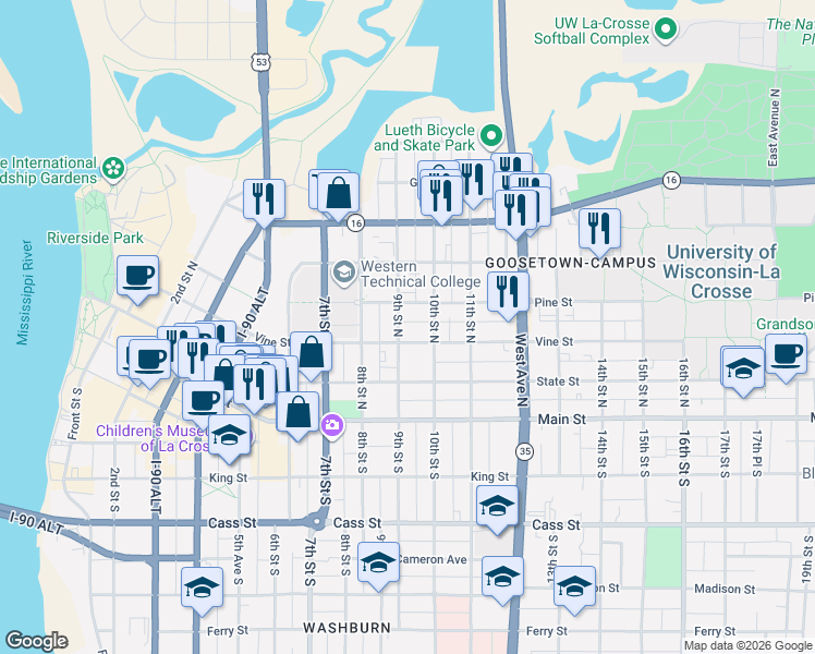 map of restaurants, bars, coffee shops, grocery stores, and more near 902 Pine Street in La Crosse