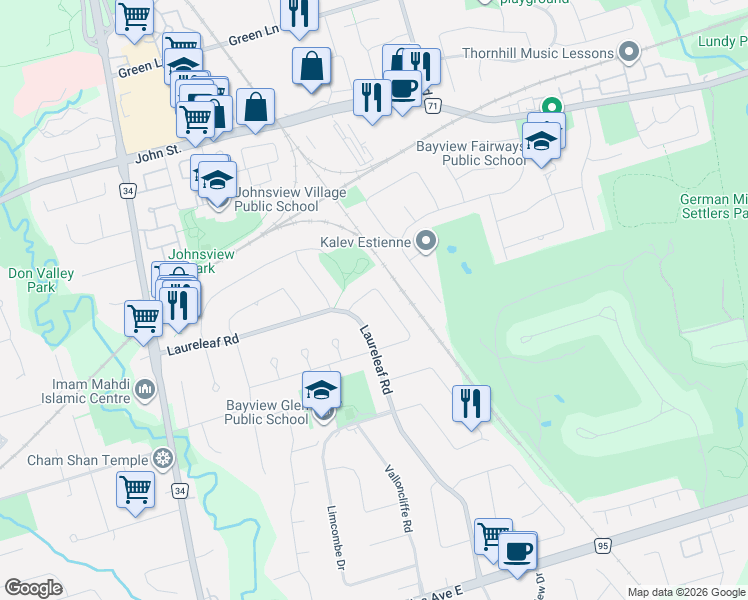 map of restaurants, bars, coffee shops, grocery stores, and more near 36 Wildrose Crescent in Markham