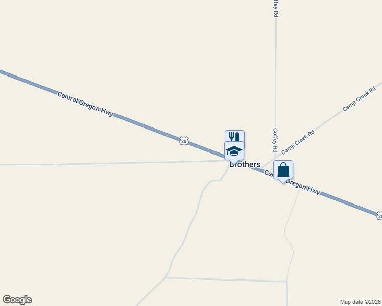 map of restaurants, bars, coffee shops, grocery stores, and more near Central Oregon Highway in Brothers