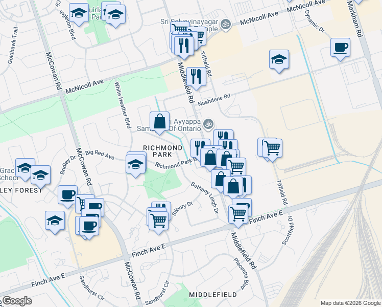 map of restaurants, bars, coffee shops, grocery stores, and more near 8 Lansbury Drive in Toronto