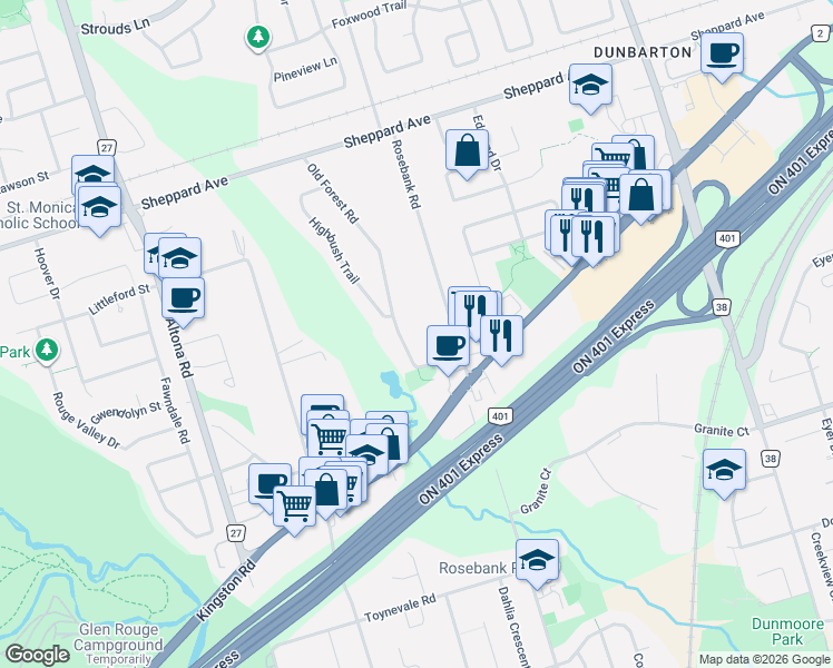 map of restaurants, bars, coffee shops, grocery stores, and more near 1411 Old Forest Road in Pickering