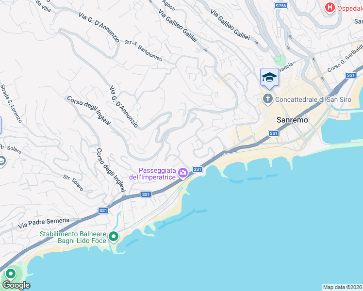 map of restaurants, bars, coffee shops, grocery stores, and more near 60 Via Roccasterone in Sanremo