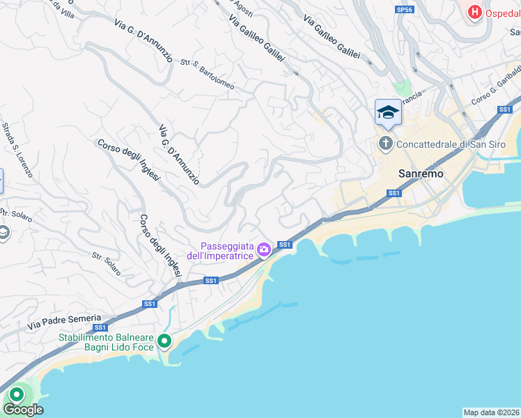 map of restaurants, bars, coffee shops, grocery stores, and more near 60 Via Roccasterone in Sanremo