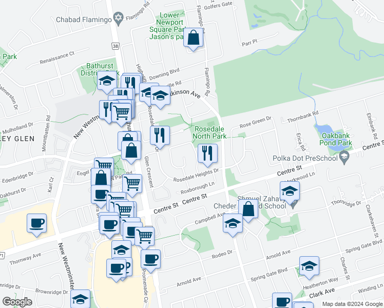 map of restaurants, bars, coffee shops, grocery stores, and more near 50 Roseborough Crescent in Vaughan