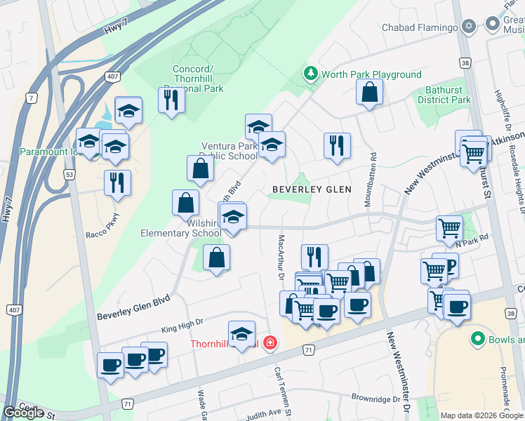map of restaurants, bars, coffee shops, grocery stores, and more near 43 Ventura Way in Vaughan
