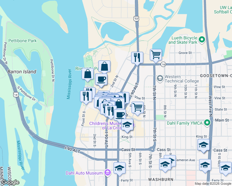 map of restaurants, bars, coffee shops, grocery stores, and more near 220 2nd Street North in La Crosse