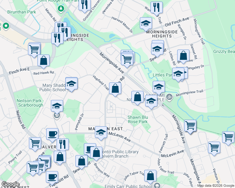 map of restaurants, bars, coffee shops, grocery stores, and more near 151 Fawcett Trail in Toronto