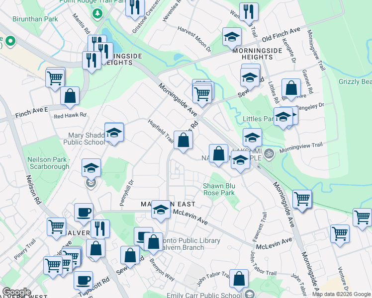 map of restaurants, bars, coffee shops, grocery stores, and more near 151 Fawcett Trail in Toronto