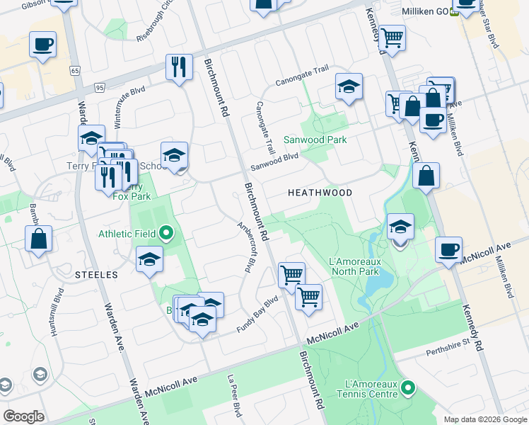 map of restaurants, bars, coffee shops, grocery stores, and more near in Toronto