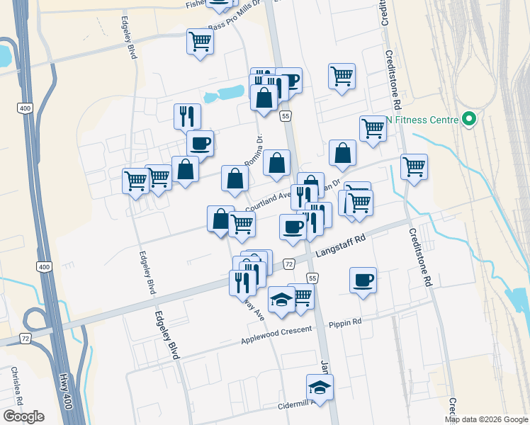 map of restaurants, bars, coffee shops, grocery stores, and more near 41 Courtland Avenue in Vaughan
