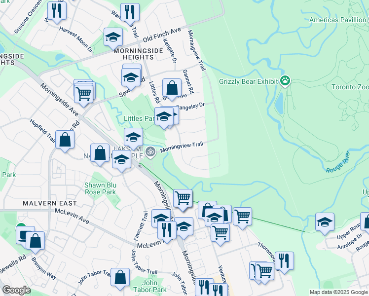 map of restaurants, bars, coffee shops, grocery stores, and more near 2 Gennela Square in Toronto