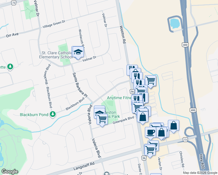 map of restaurants, bars, coffee shops, grocery stores, and more near 312 Valeria Boulevard in Vaughan