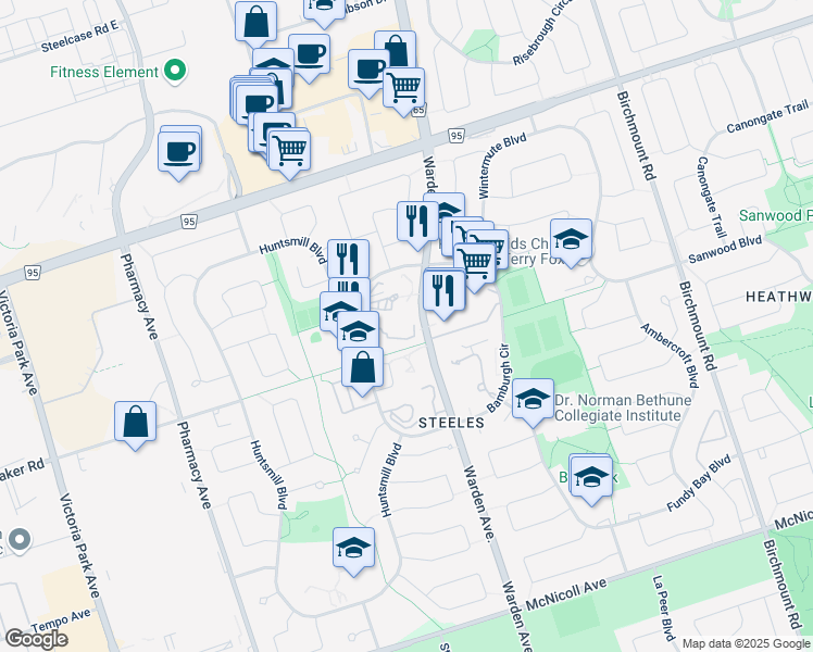 map of restaurants, bars, coffee shops, grocery stores, and more near 75 Bamburgh Circle in Toronto