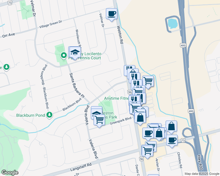 map of restaurants, bars, coffee shops, grocery stores, and more near 326 Valeria Boulevard in Vaughan