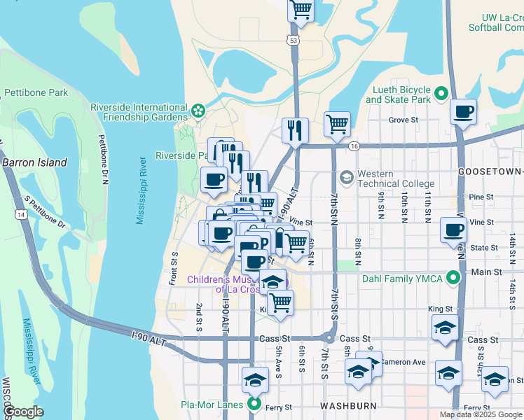 map of restaurants, bars, coffee shops, grocery stores, and more near 311 3rd Street North in La Crosse