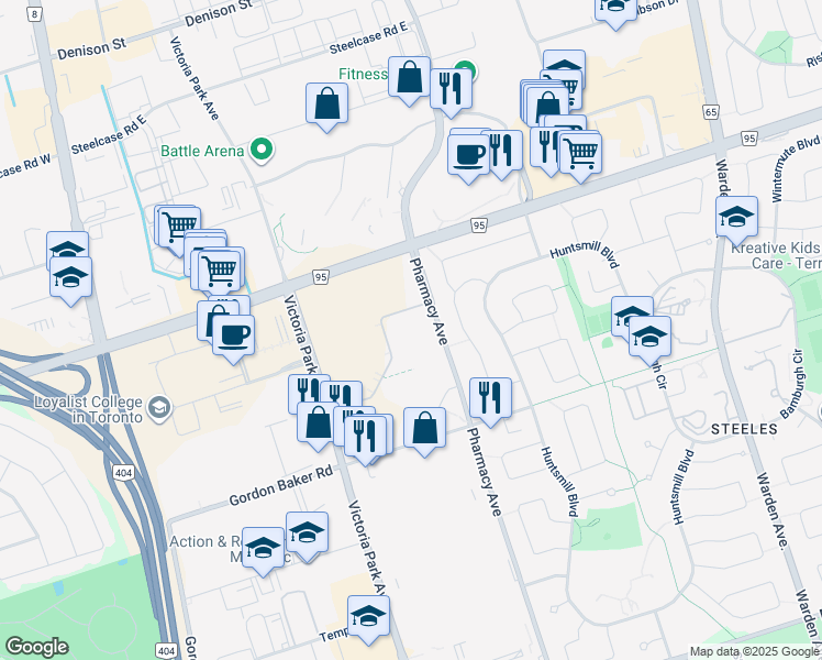 map of restaurants, bars, coffee shops, grocery stores, and more near 3550 Pharmacy Avenue in Toronto