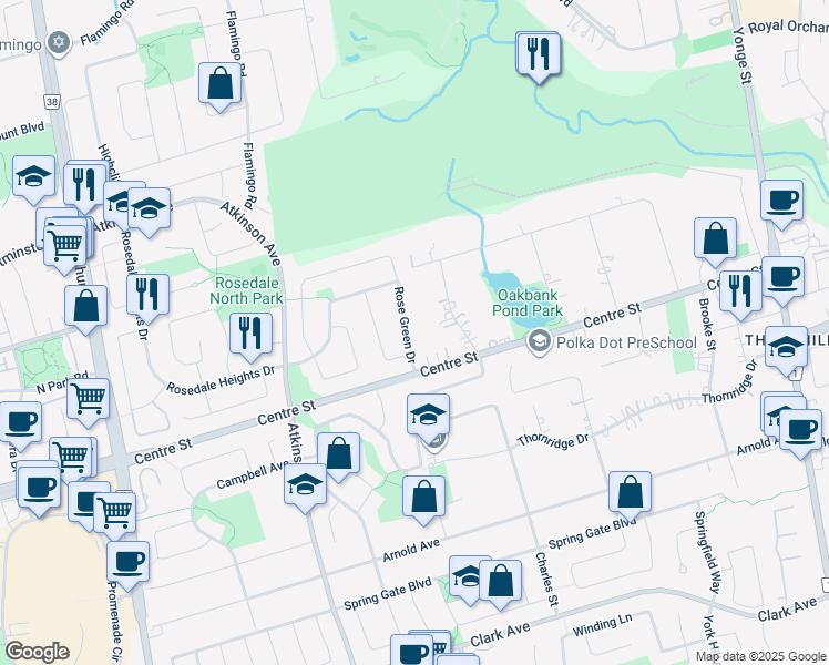 map of restaurants, bars, coffee shops, grocery stores, and more near 33 Rose Green Drive in Vaughan