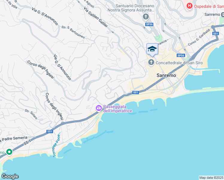 map of restaurants, bars, coffee shops, grocery stores, and more near 22 Via Nuvoloni in Sanremo