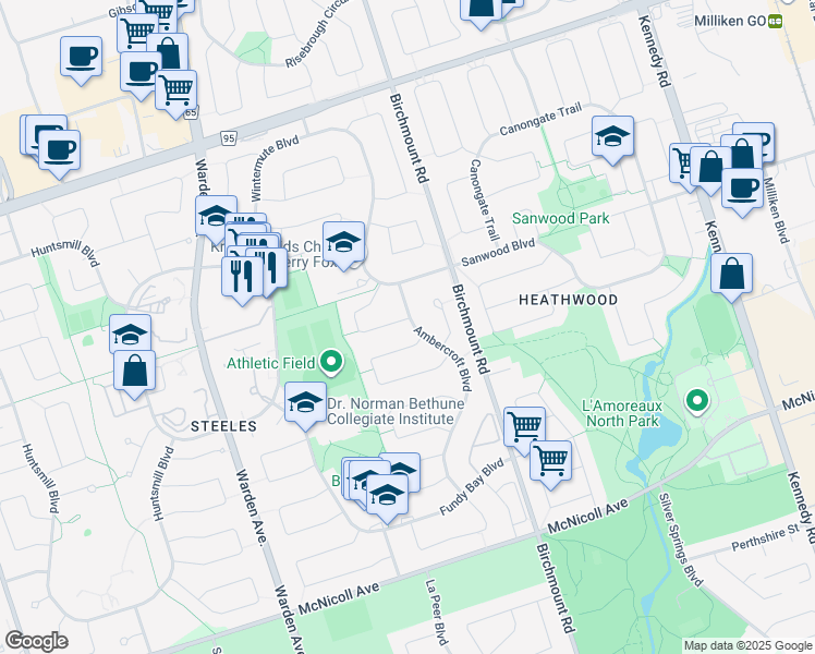 map of restaurants, bars, coffee shops, grocery stores, and more near 2 Triangle Villas Drive in Toronto