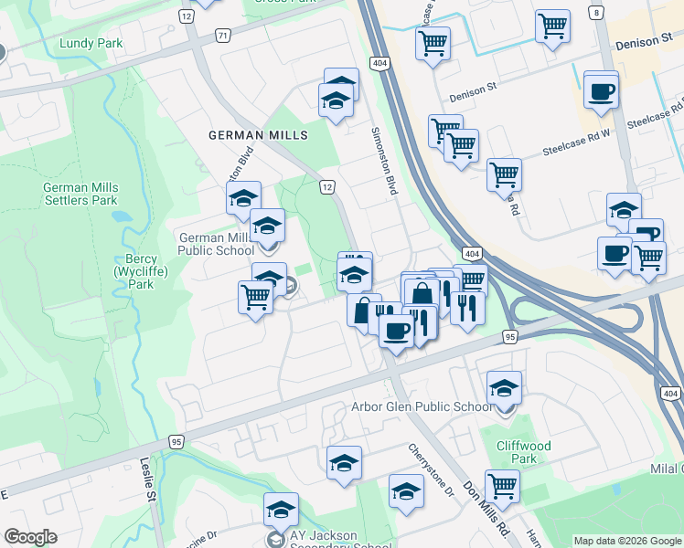 map of restaurants, bars, coffee shops, grocery stores, and more near 15 Simonston Boulevard in Markham